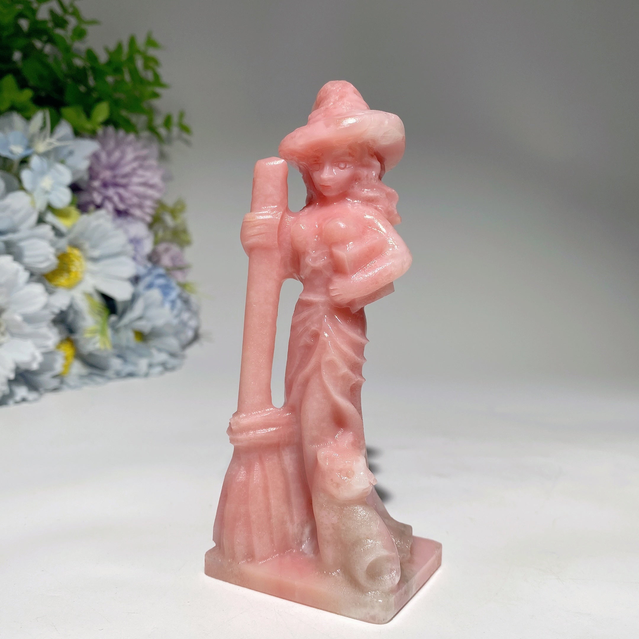 4.8 inch Mixed Crystal Witch with Cat and Broom Figurine