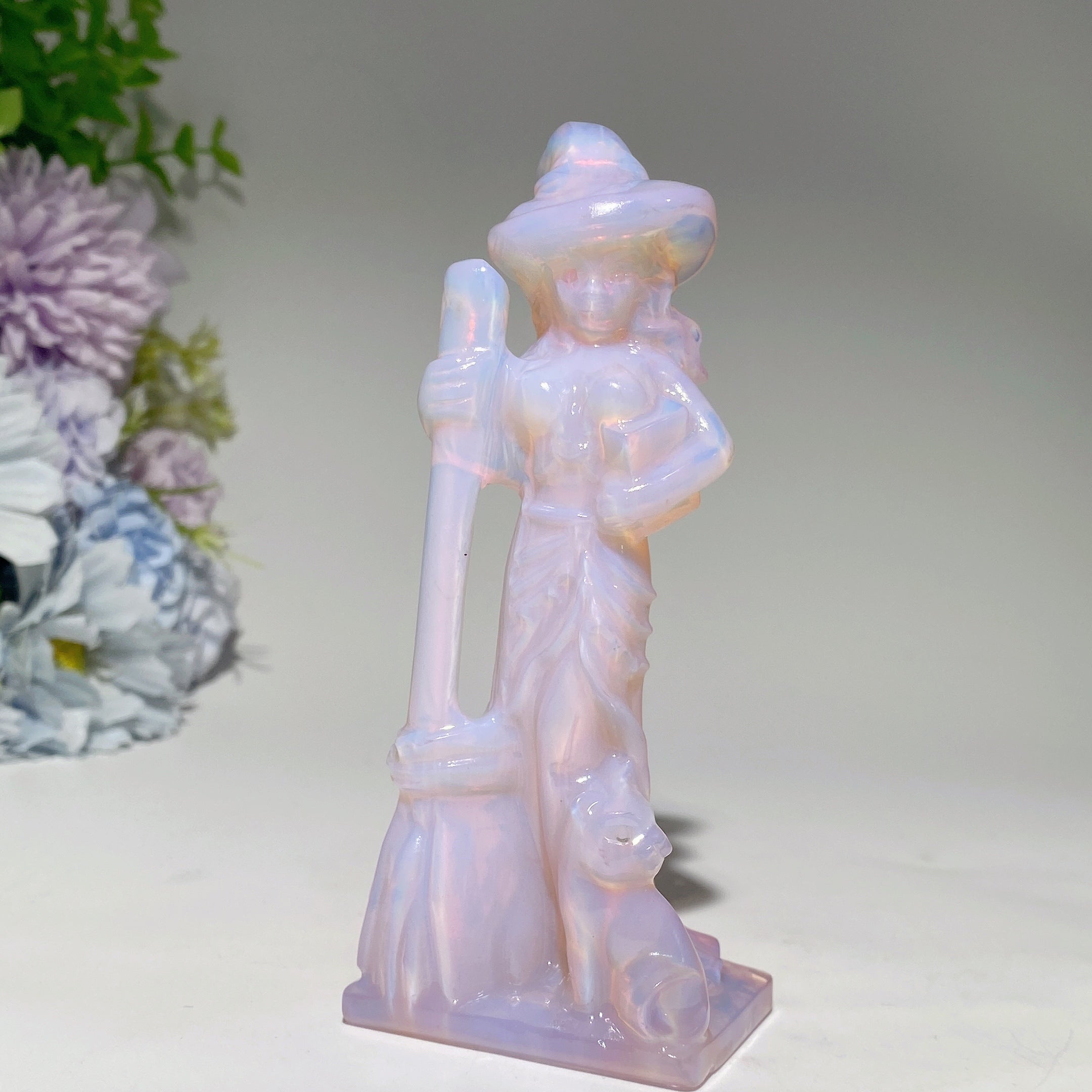 4.8 inch Mixed Crystal Witch with Cat and Broom Figurine