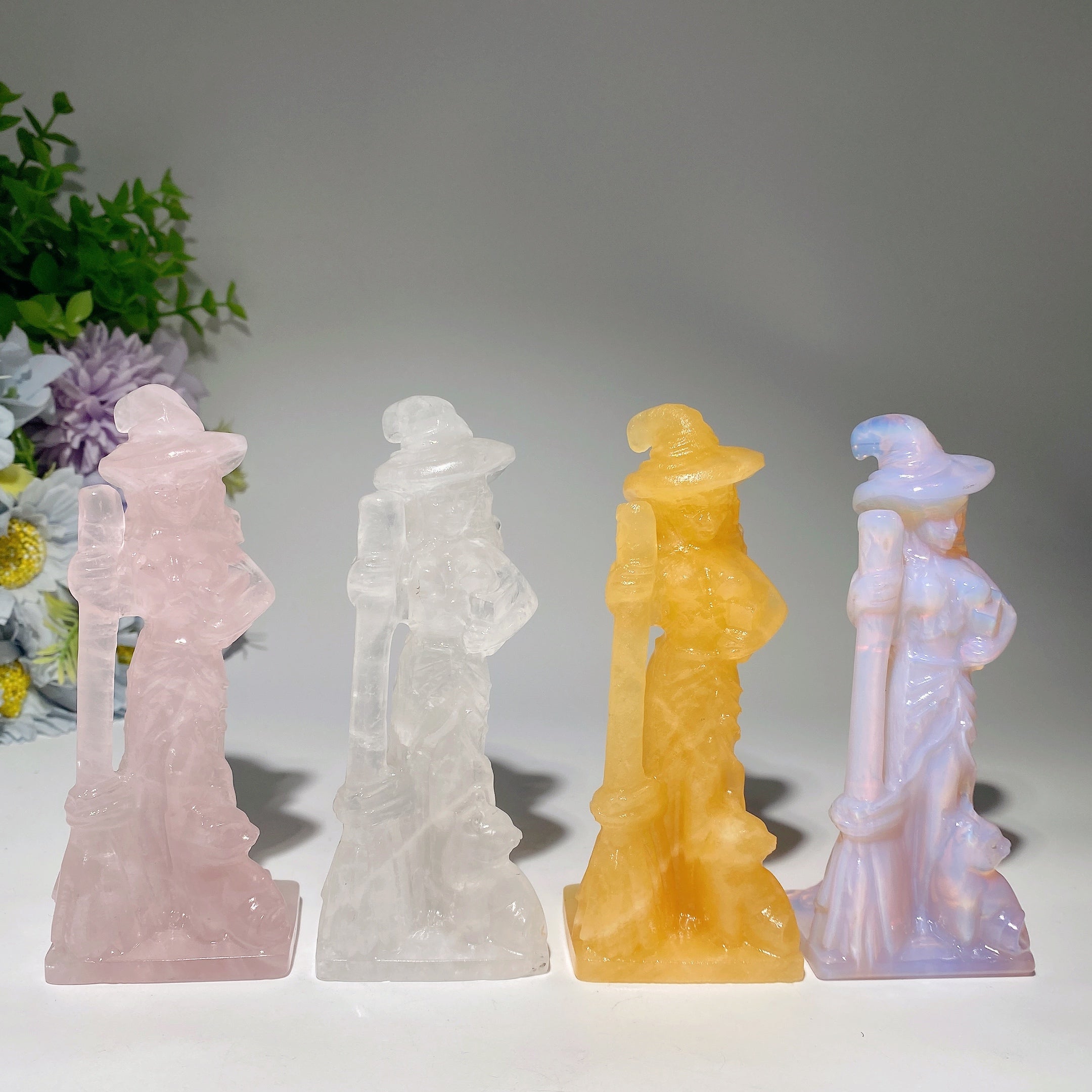 4.8 inch Mixed Crystal Witch with Cat and Broom Figurine