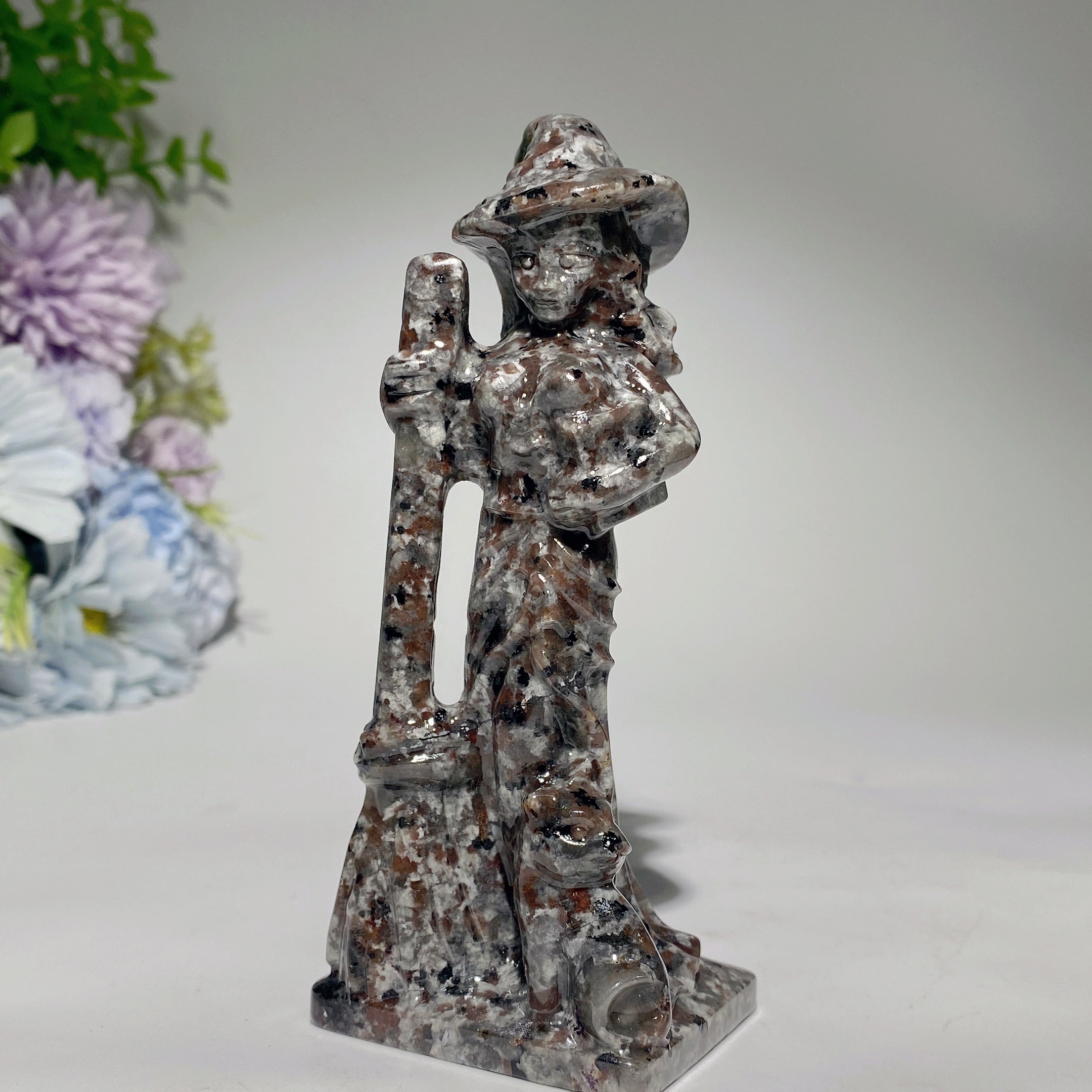 4.8 inch Mixed Crystal Witch with Cat and Broom Figurine