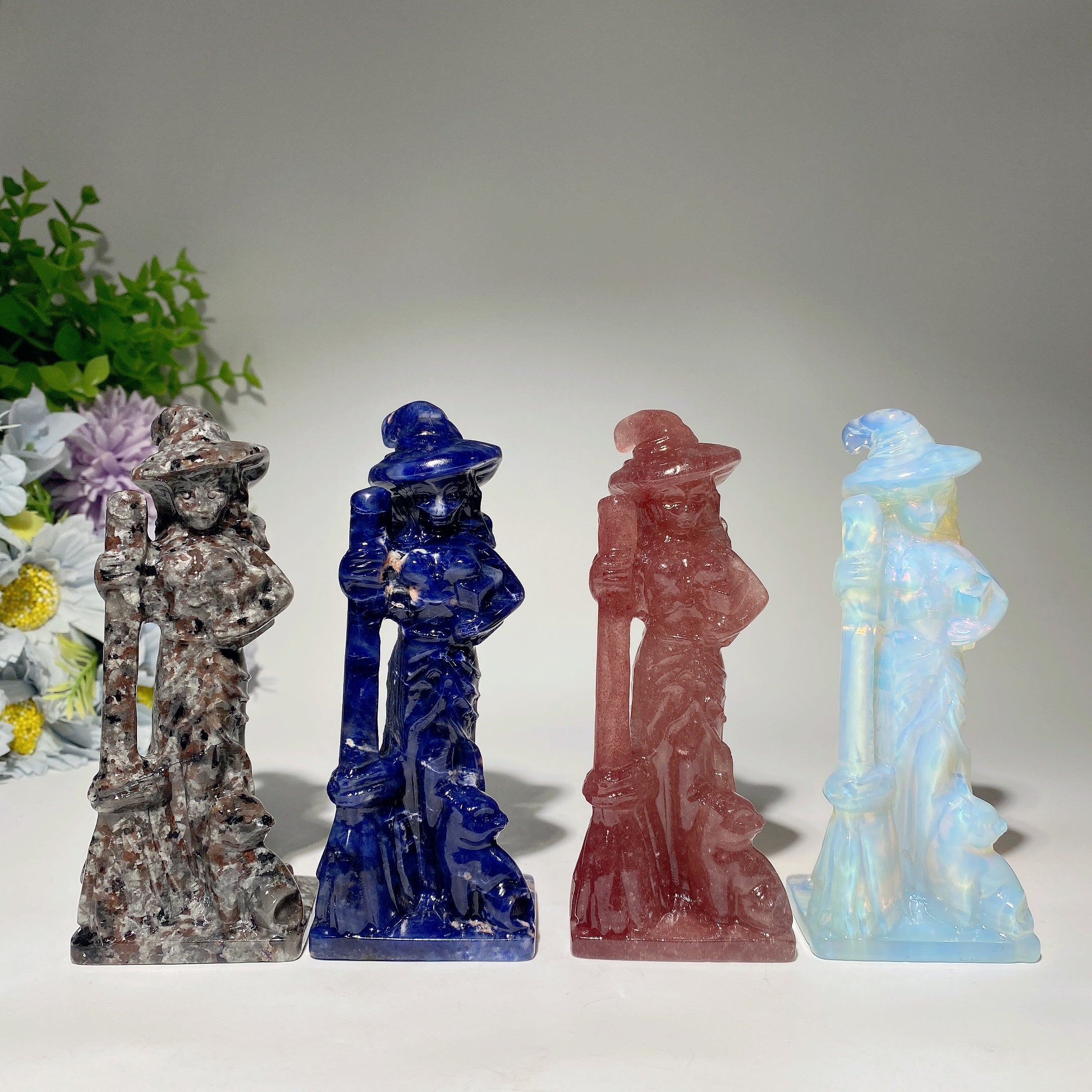 4.8 inch Mixed Crystal Witch with Cat and Broom Figurine