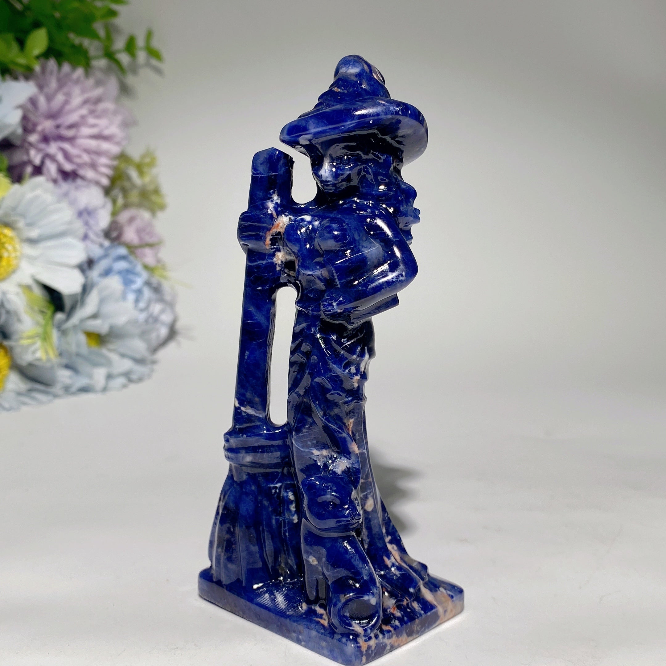 4.8 inch Mixed Crystal Witch with Cat and Broom Figurine