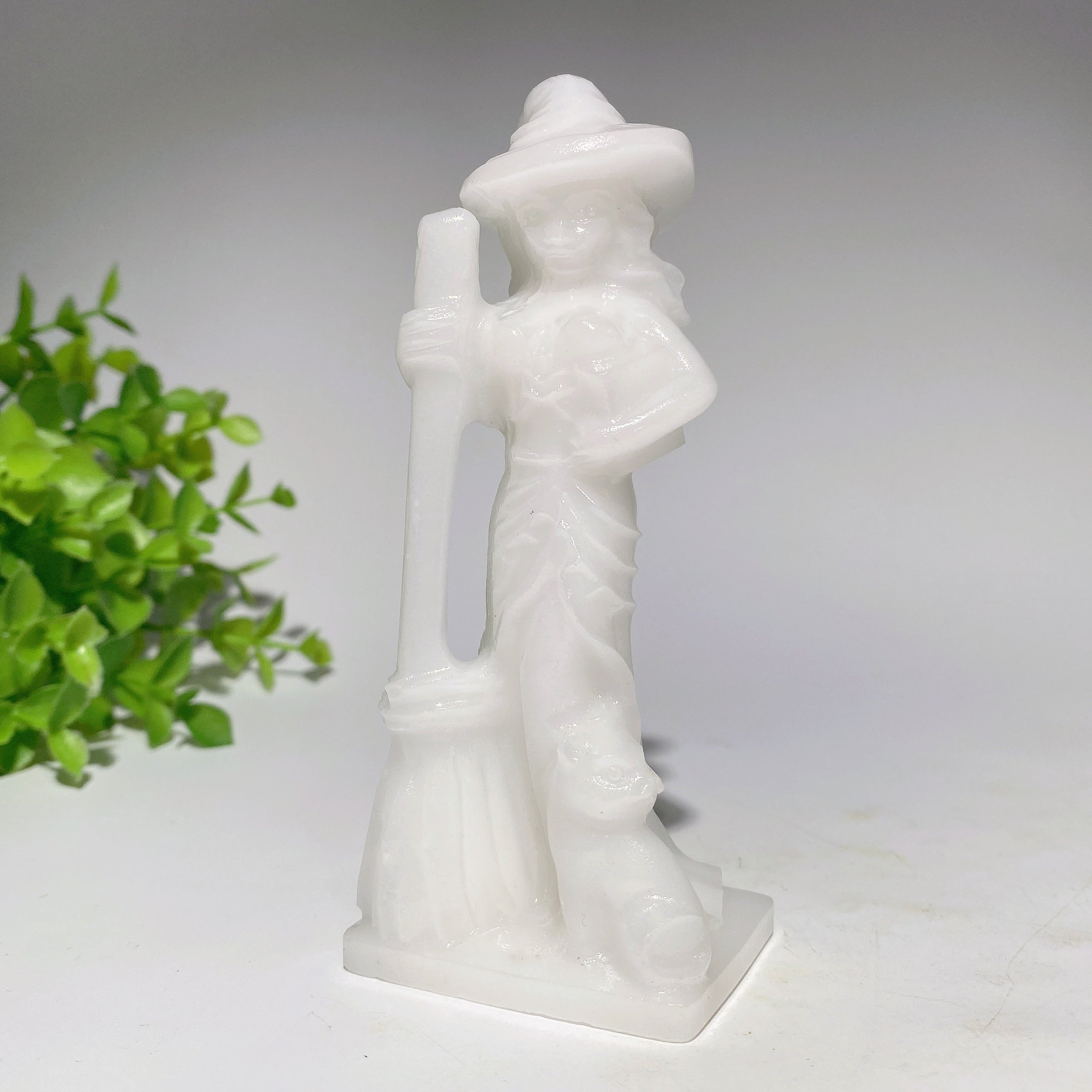 4.8 inch Mixed Crystal Witch with Cat and Broom Figurine