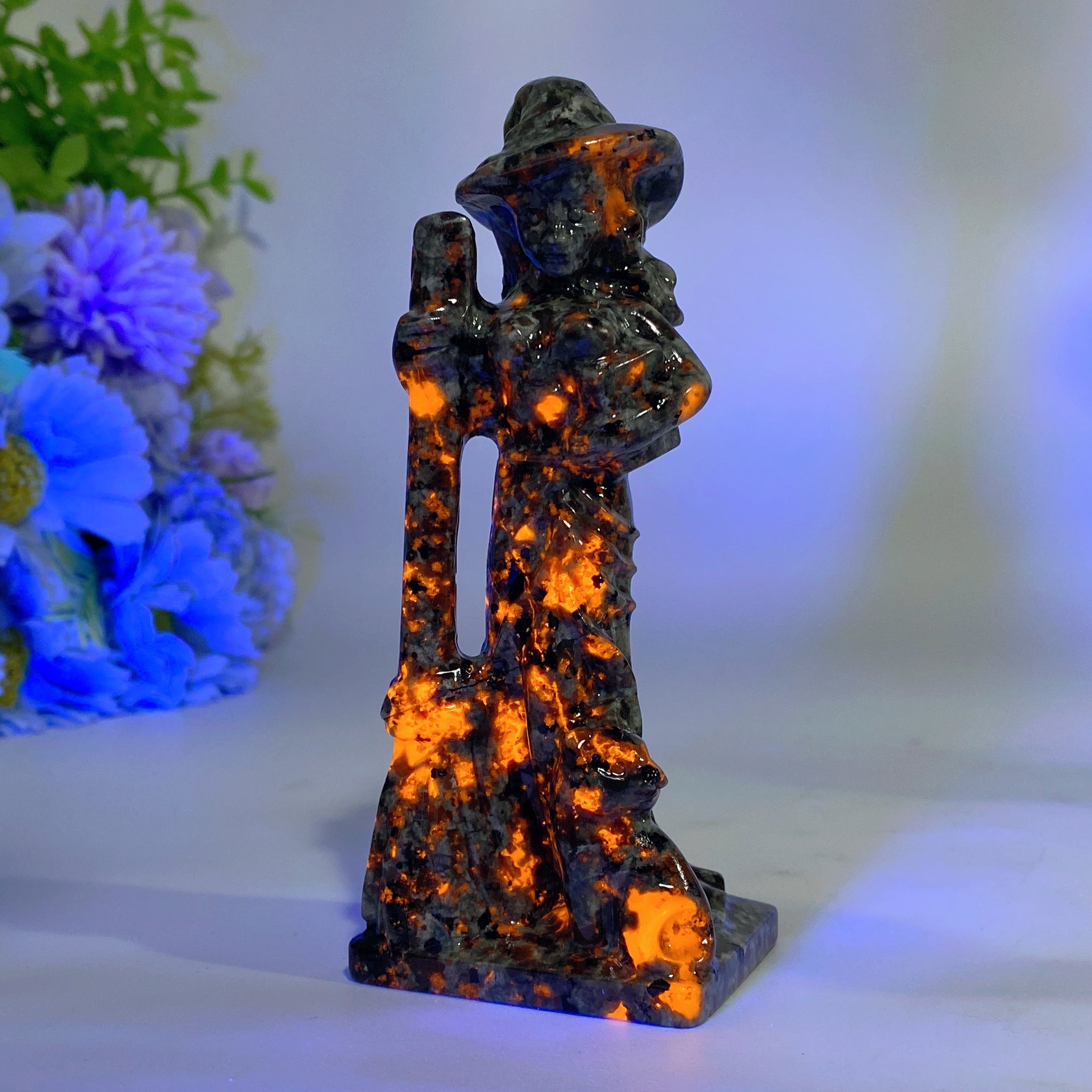 4.8 inch Mixed Crystal Witch with Cat and Broom Figurine