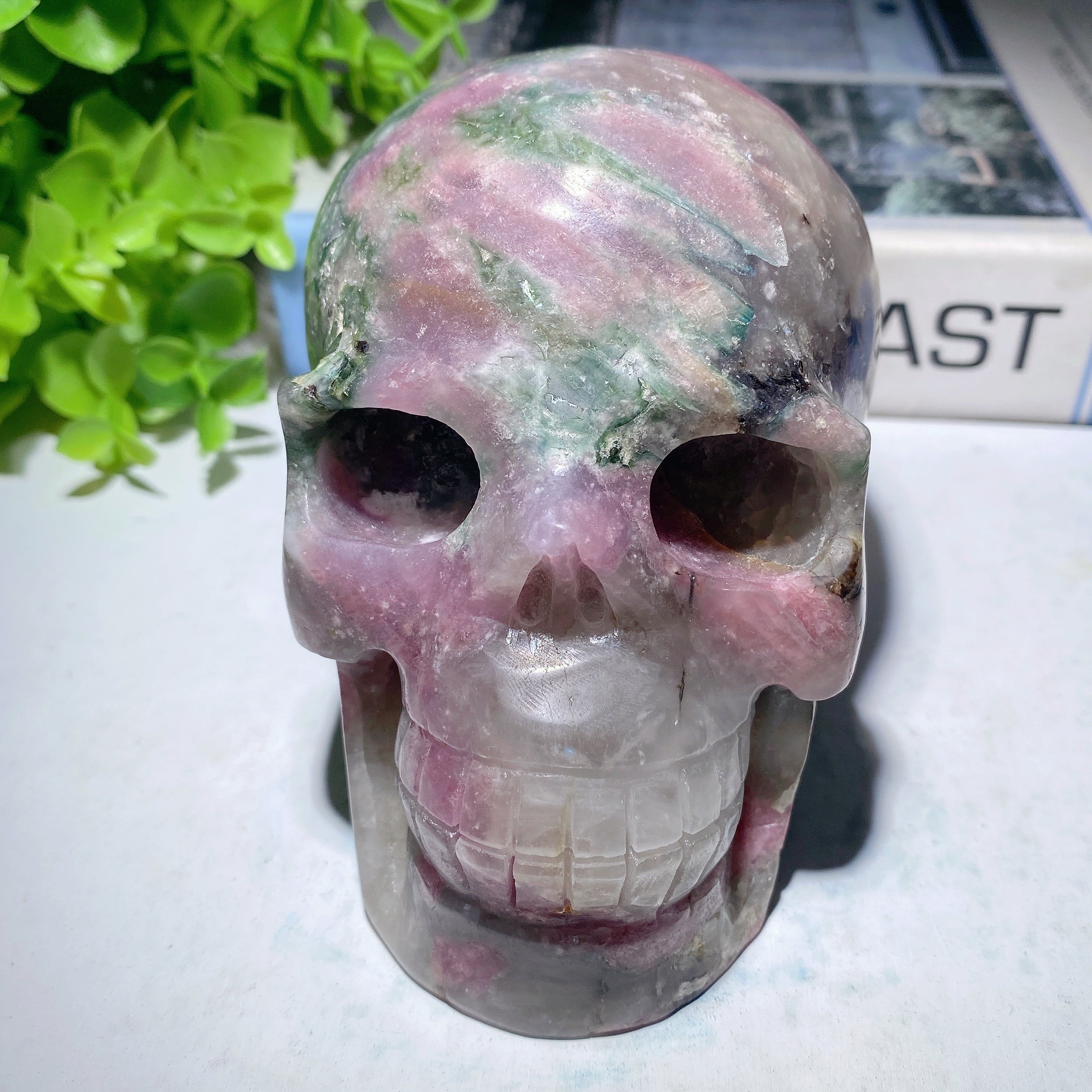 4.8 Inch Pink Green Tourmaline Crystal Skull Carving