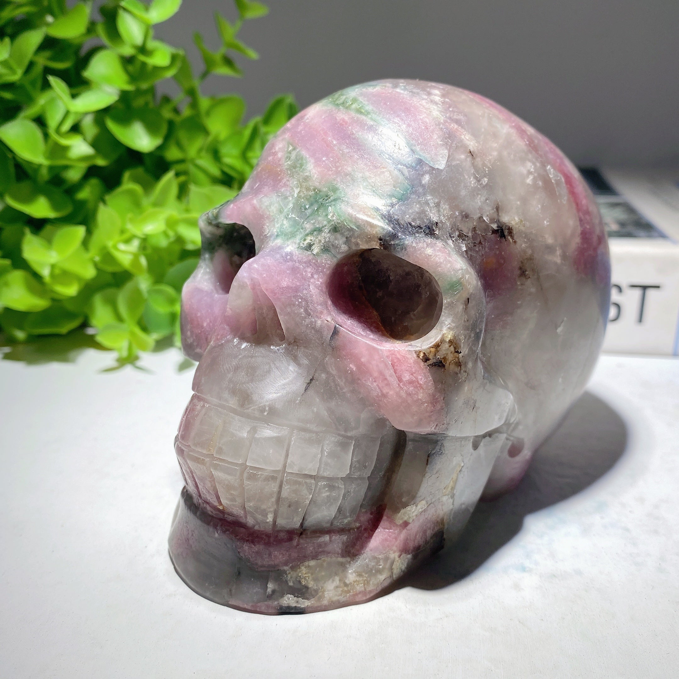 4.8 Inch Pink Green Tourmaline Crystal Skull Carving