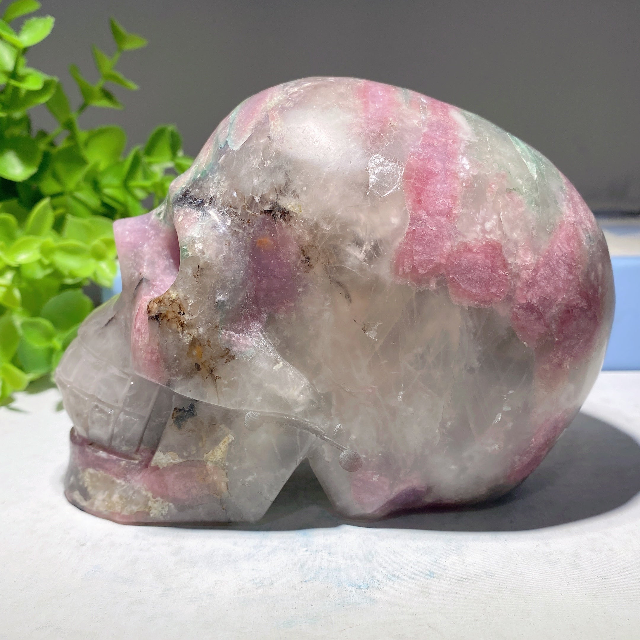 4.8 Inch Pink Green Tourmaline Crystal Skull Carving