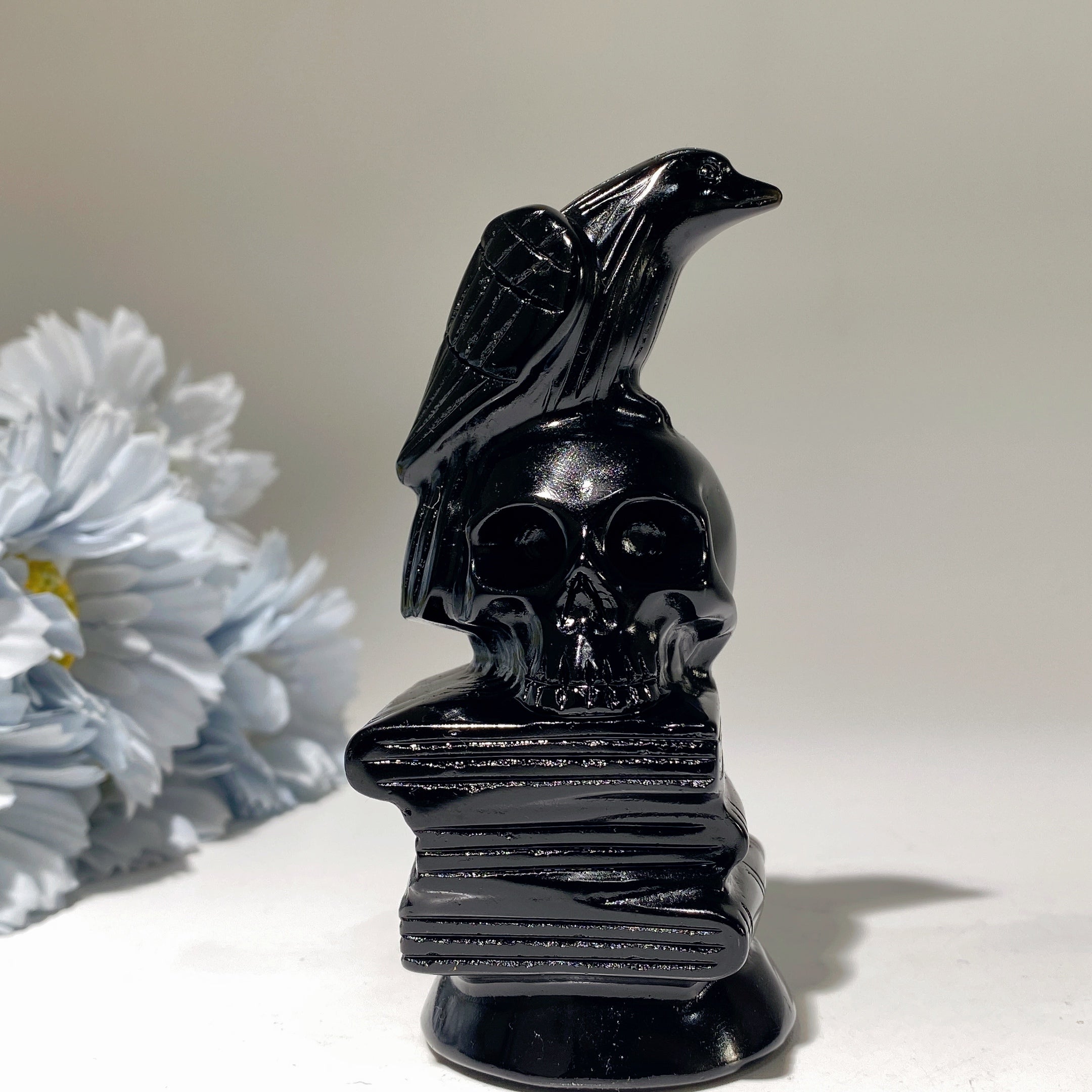 4-Inch Black Obsidian Skull with Raven on Book Figurine
