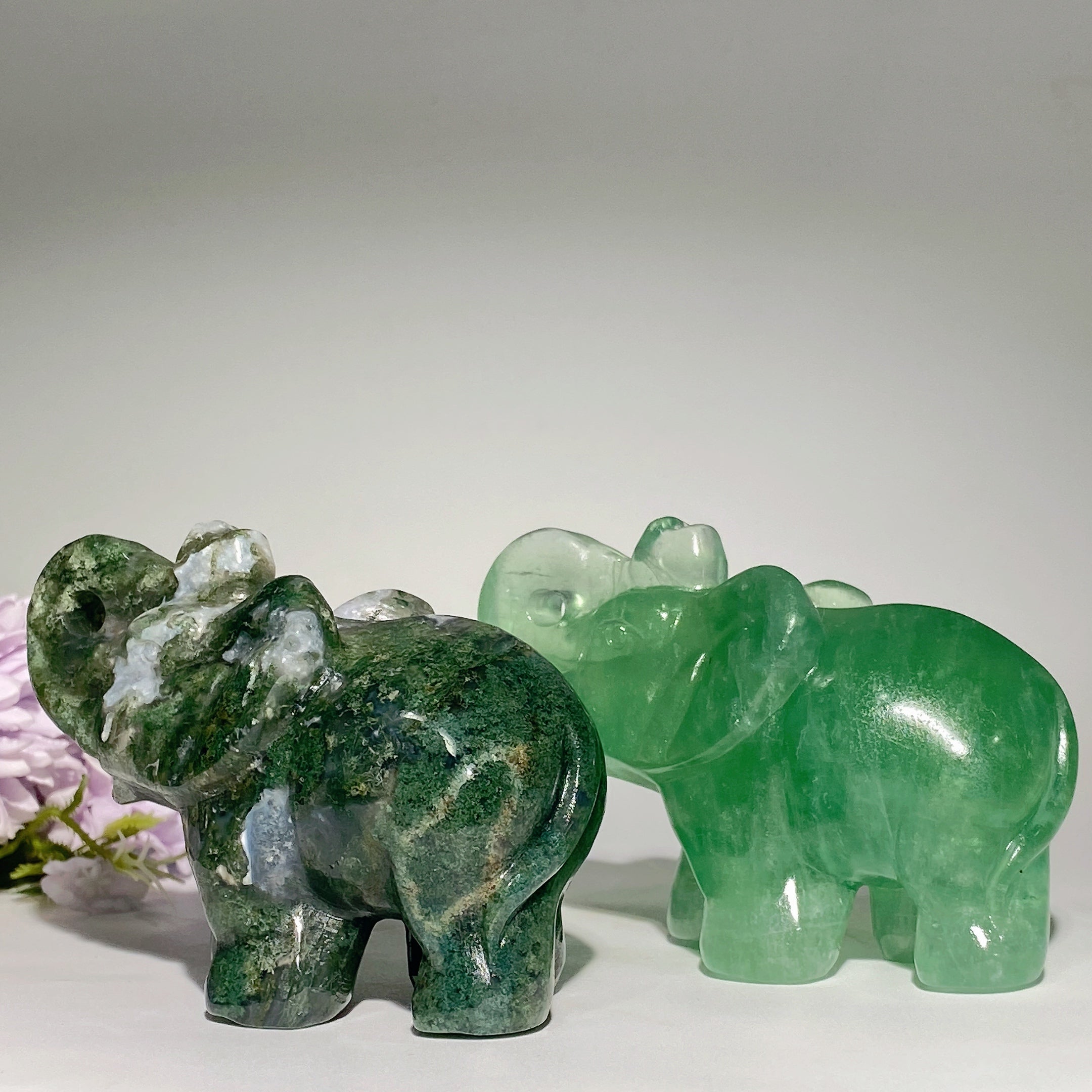 4 Inch Fluorite & Moss Agate Elephant Crystal Carvings