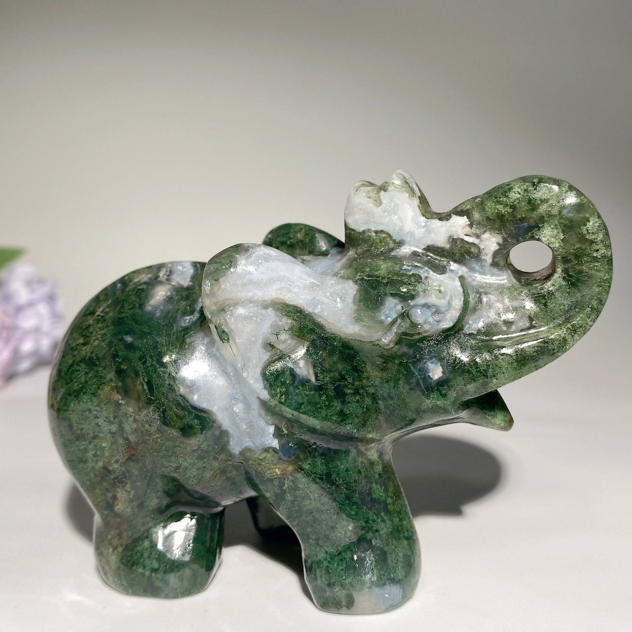 4 Inch Fluorite & Moss Agate Elephant Crystal Carvings