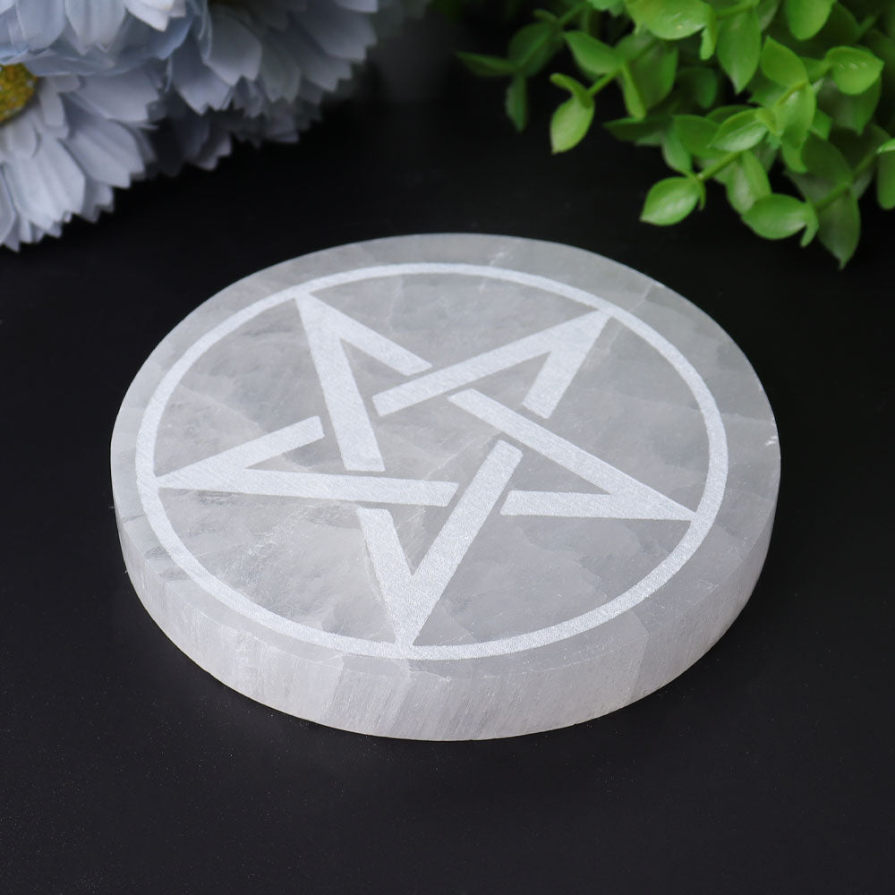 4" Selenite Crystal Coaster with Geometric Star Design