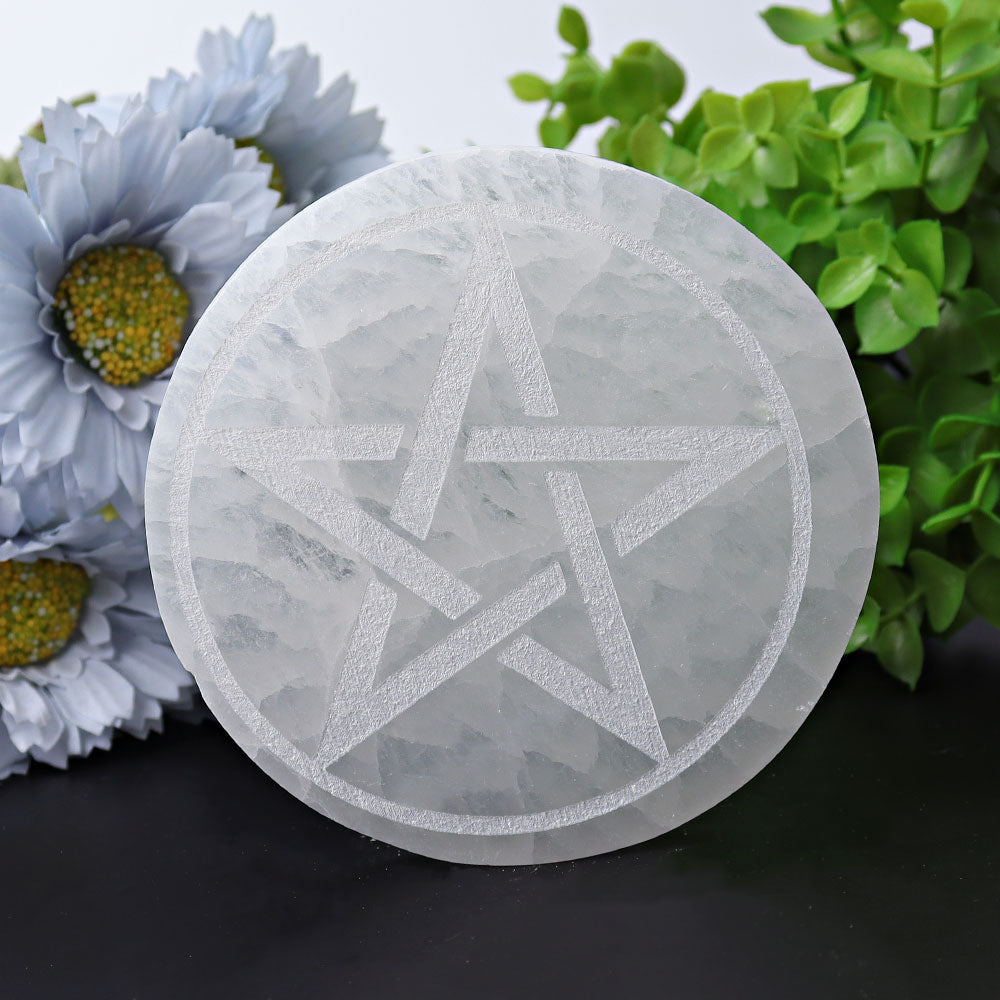 4" Selenite Crystal Coaster with Geometric Star Design