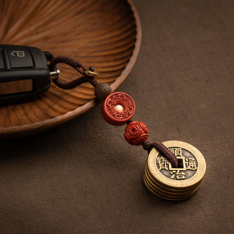 Feng Shui Five Emperor Coins Keychain for Wealth & Protection