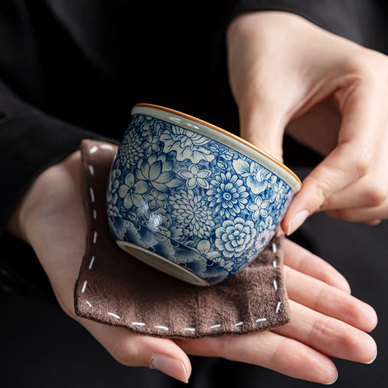 Ceramic Zen Tea Cup with Blue Lotus & Chrysanthemum Design 95ml
