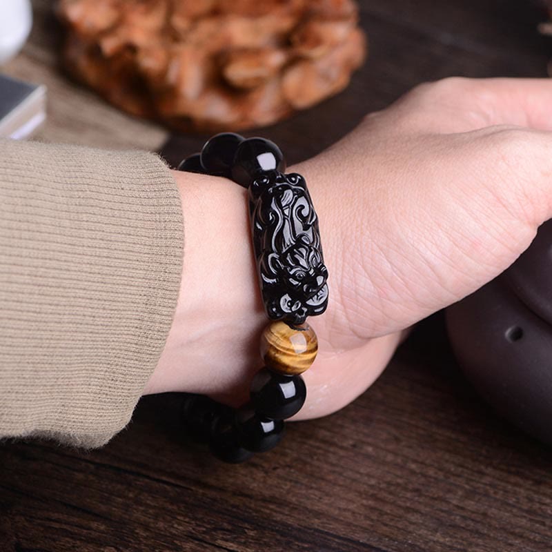 Natural Black Obsidian PiXiu Bracelet 14mm for Strength