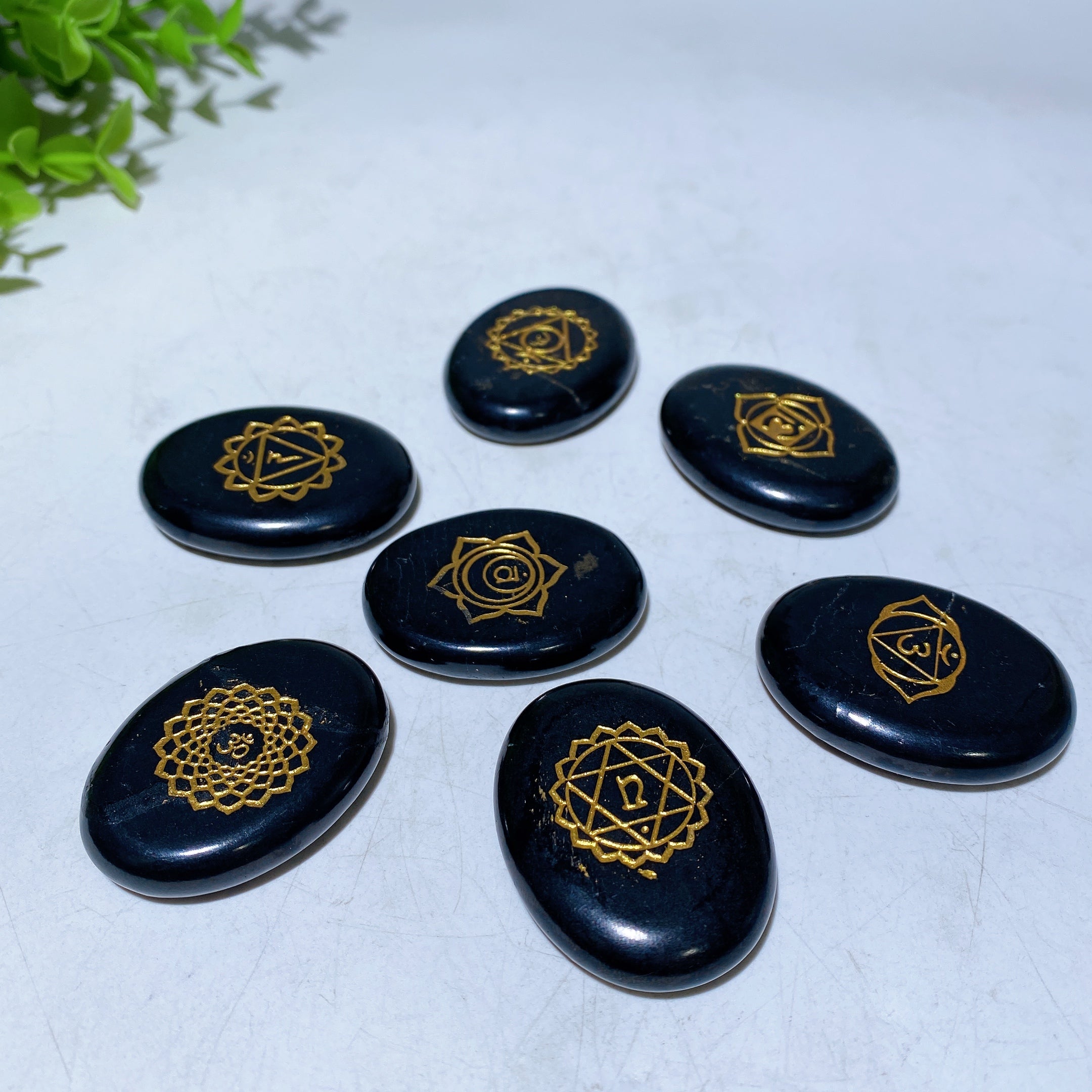 40mm Schungite Chakra Rune Crystal Specimens Set