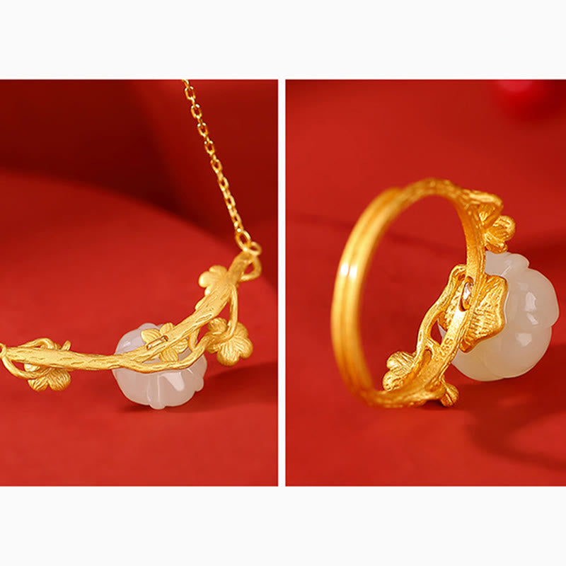 Hetian Jade Plum Blossom Luck Necklace Bracelet Ring Set