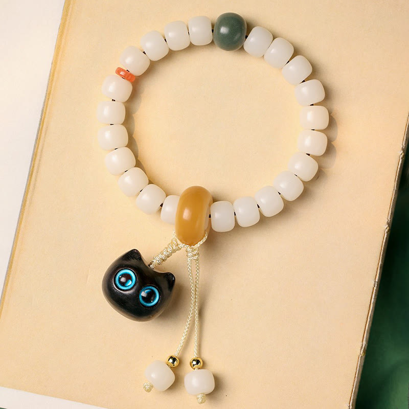 Natural Bodhi Seed Bracelet with Cat Charm for Peace & Harmony