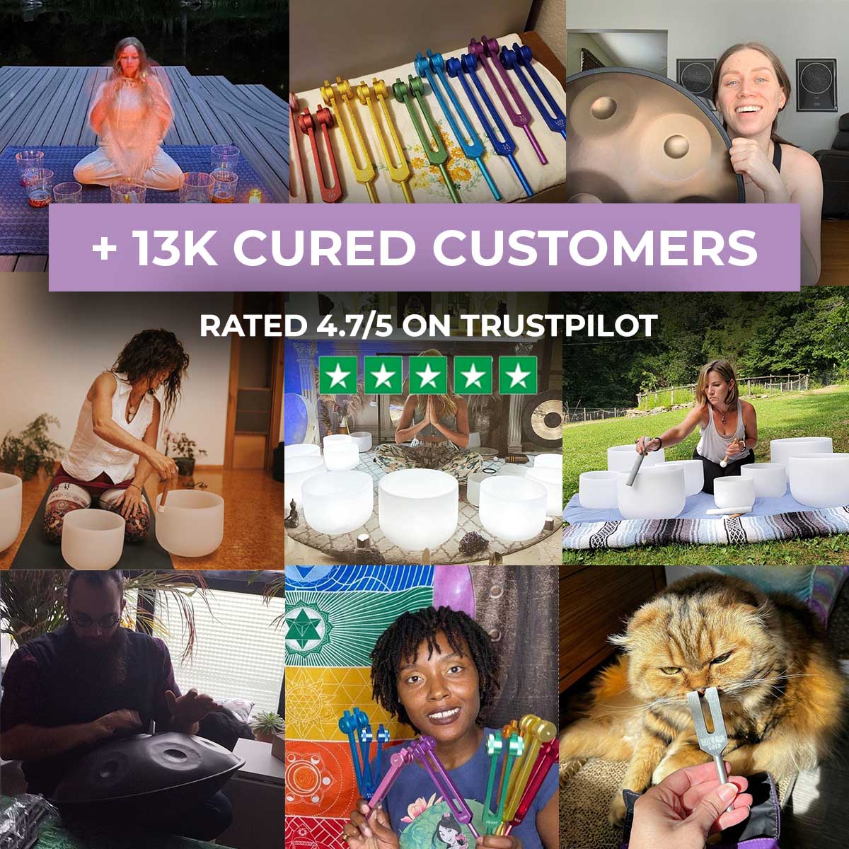 Collage of sound healing bowls, happy customers, and 4.7 Trustpilot rating for 417 Hz Tuning Fork