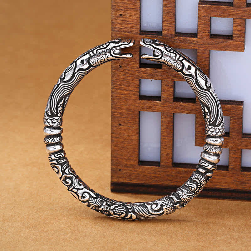 Dragon Head Carved Luck Bracelet Copper Silver 8mm