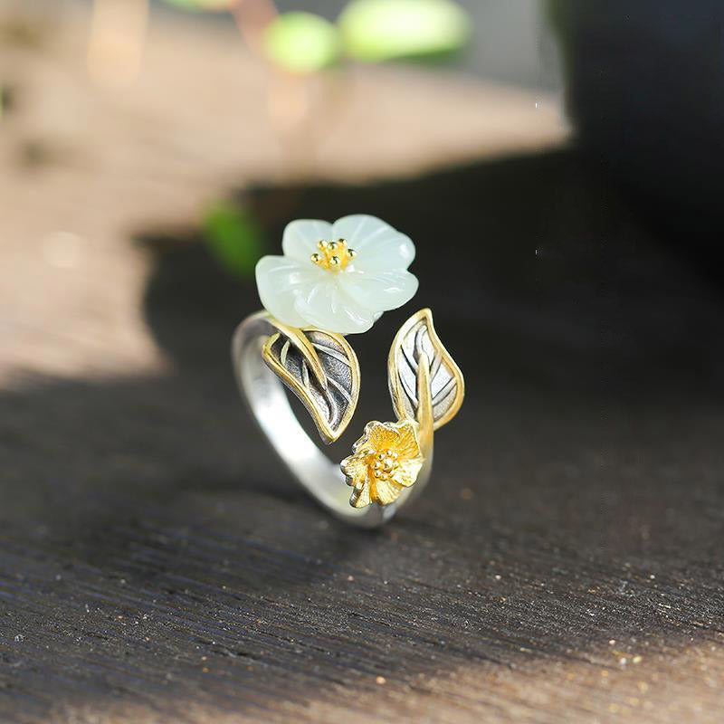 Unisex White Jade Luck Ring with 925 Silver Plated Copper Plum Flower