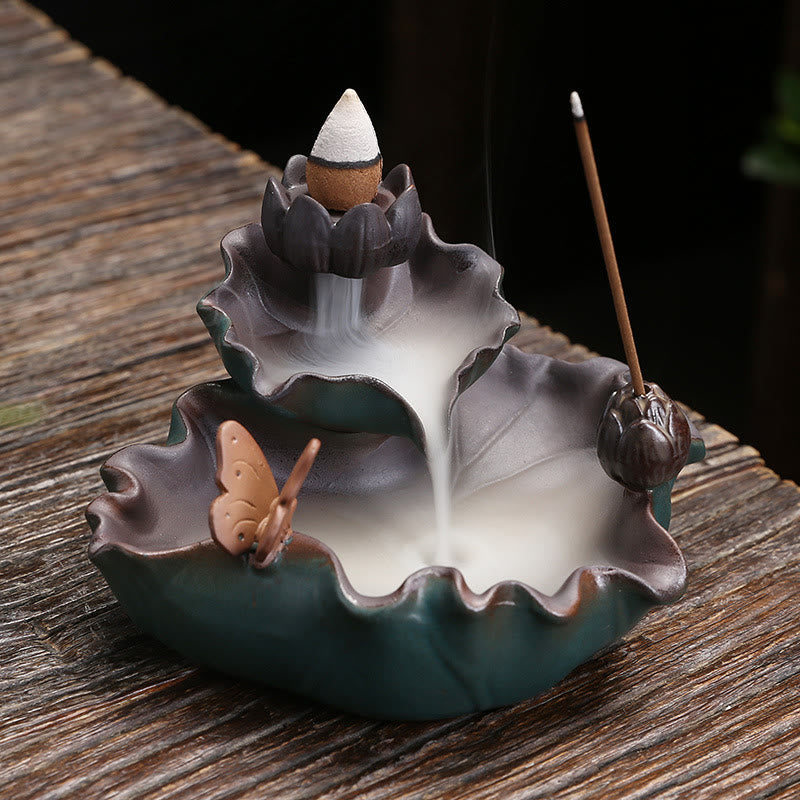 Ceramic Incense Burner Lotus Flower Frog Butterfly Decor