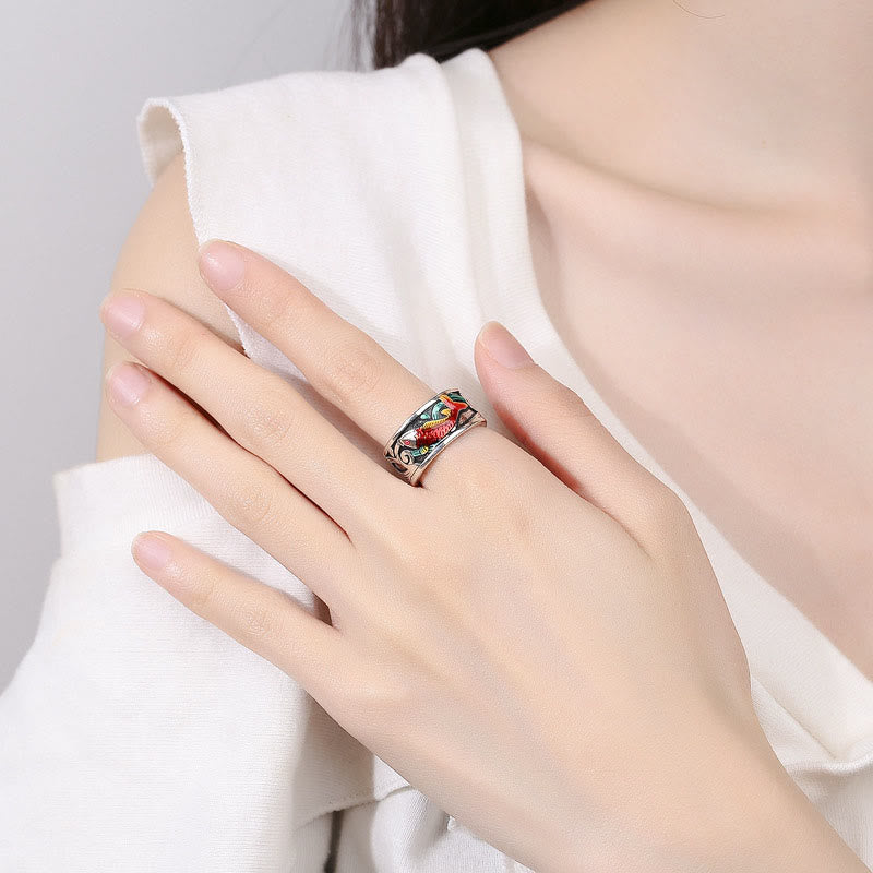 Adjustable Blue Enamel Koi Fish Heart Sutra Success Ring