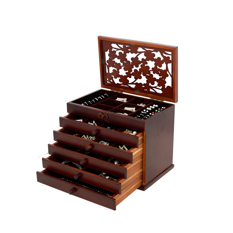 Six-Layer Wooden Jewelry Box with Vintage Plum Blossom Carvings