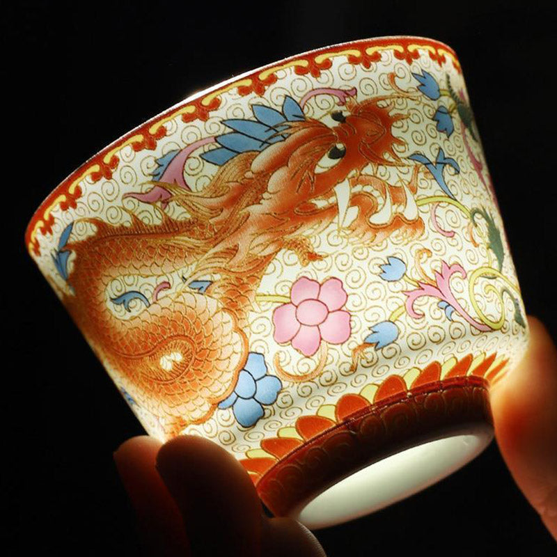 2Pcs Dragon Phoenix Ceramic Tea Cups for Zen Decor