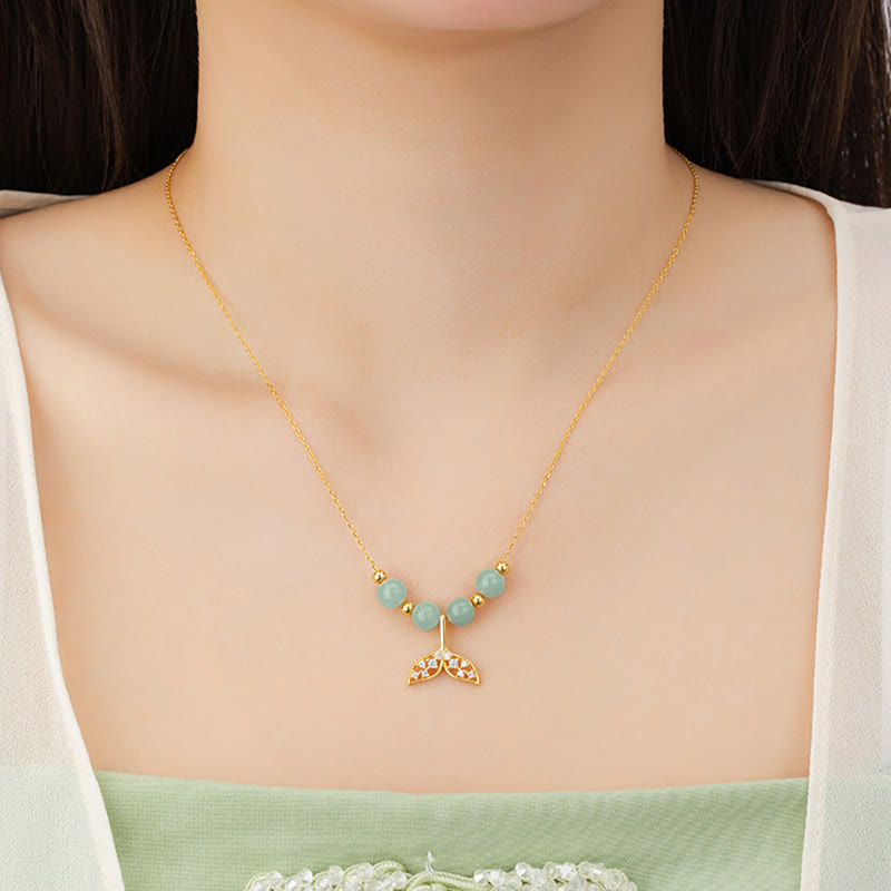 925 Sterling Silver Hetian Jade Luck Fishtail Necklace