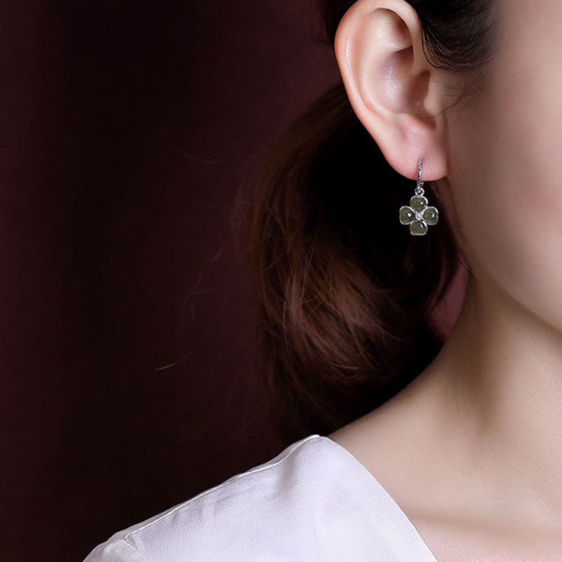 925 Sterling Silver Cyan Jade Four Leaf Clover Luck Earrings