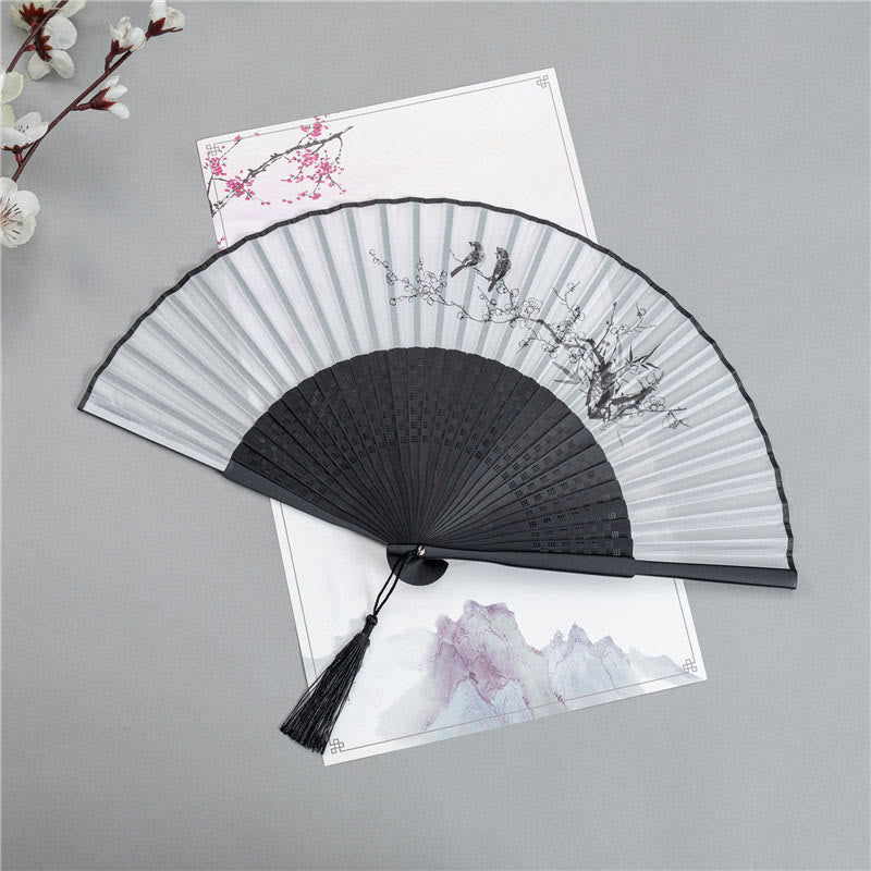 Plum Blossom Silk Bamboo Folding Fan 22.5cm Elegant Handheld