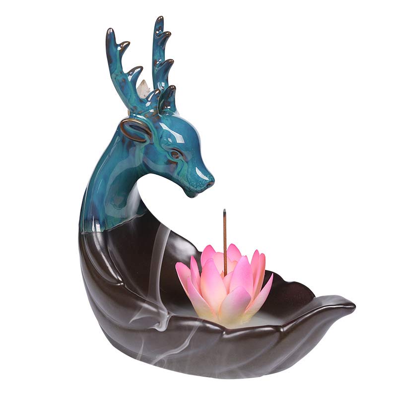 Ceramic Lotus Backflow Incense Burner with Deer 18cm