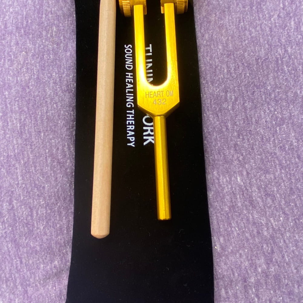 Yellow tuning fork with wooden handle from 432 Hz & 528 Hz Healing Therapy Set