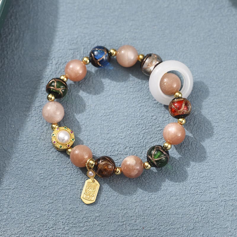 Om Mani Padme Hum Om Bracelet with Tridacna & Sun Stones 14-16cm