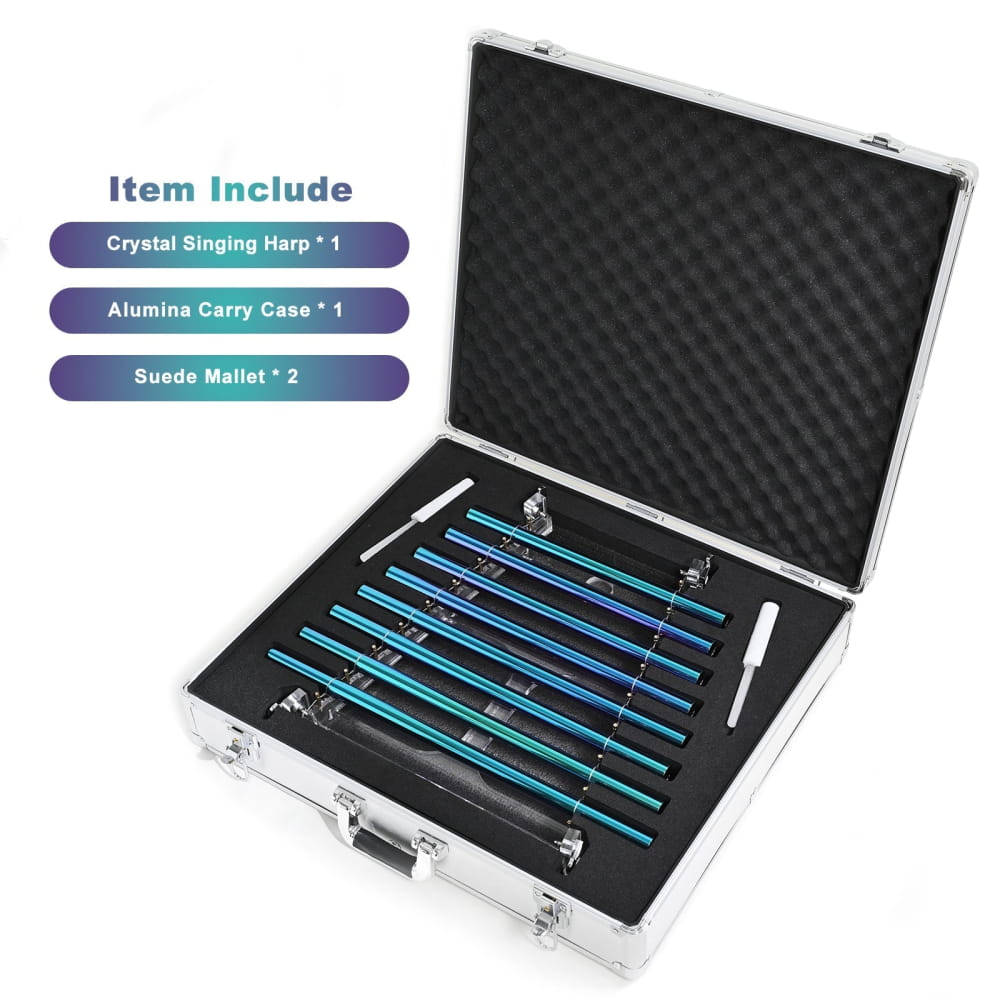 Metal carrying case with blue crystal singing harp bars for 432Hz Aurora Realm