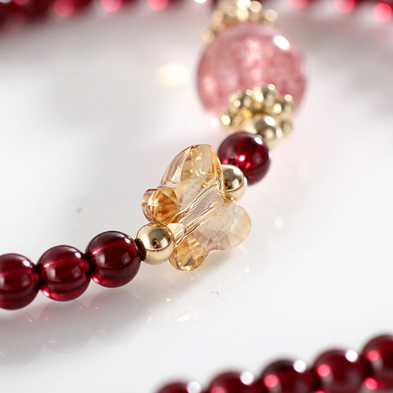 14K Gold Plated Garnet Strawberry Quartz Double Wrap Bracelet