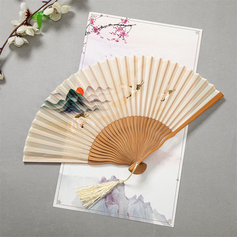 22cm Chinese Folding Silk Bamboo Fan with White Crane Design