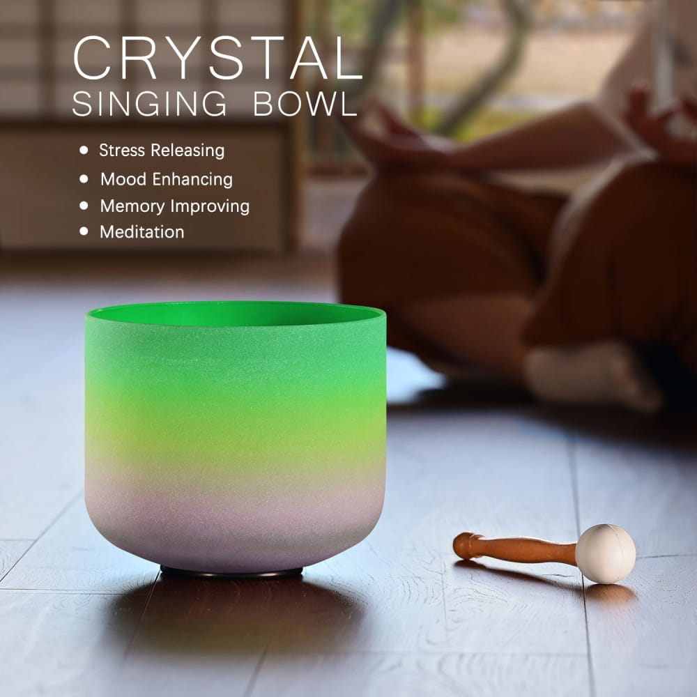 Gradient-colored Crystal Singing Bowl in Green and White with Wooden Mallet
