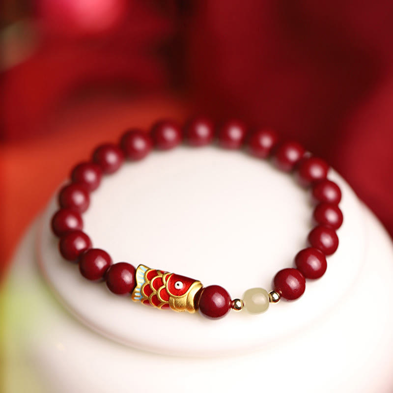 8mm Hetian Jade Blessing Bracelet with Cinnabar Koi Fish