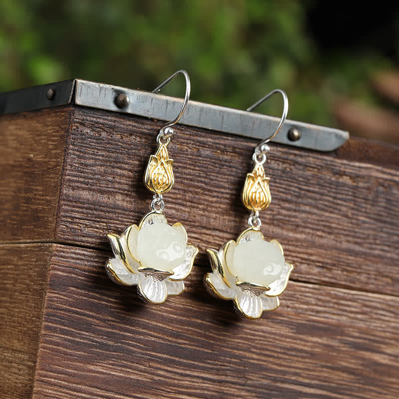 White Jade Protection Harmony Lotus Drop Earrings