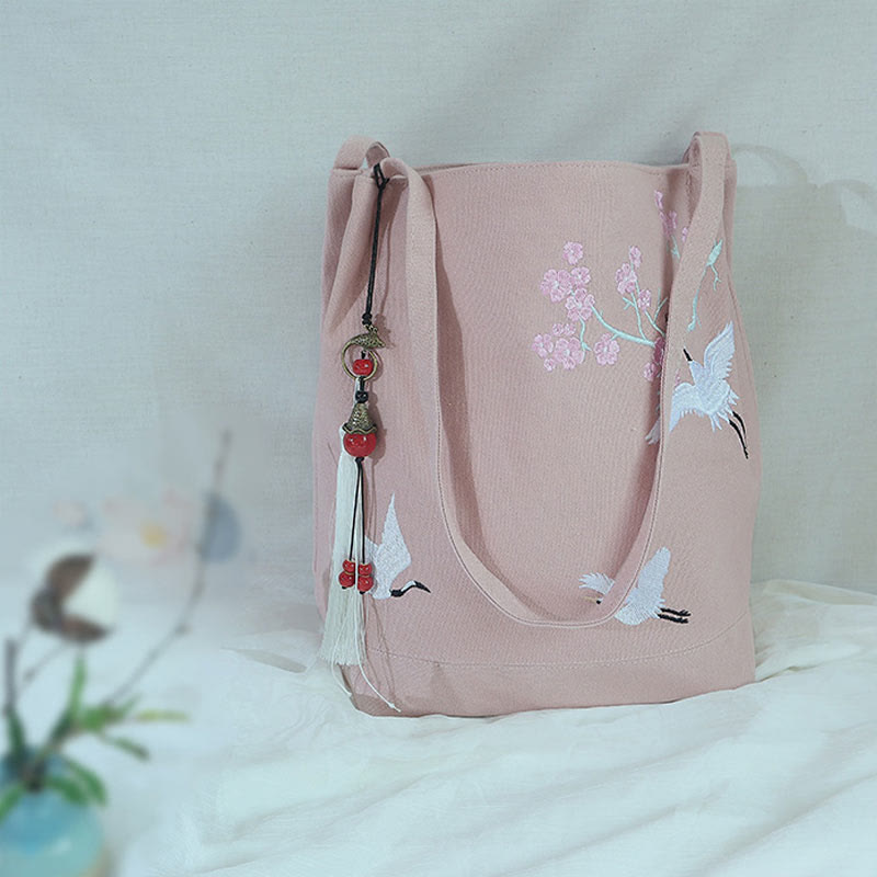 Canvas Tote Bag with Flower Crane & Plum Blossom Embroidery