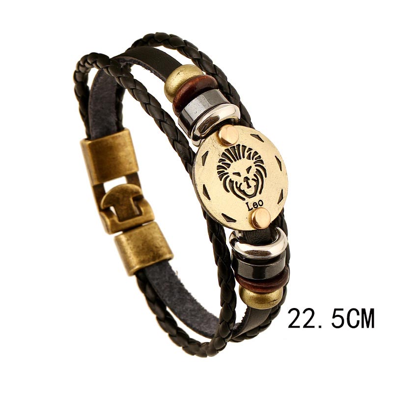 12 Constellations Zodiac Hematite Leather Charm Bracelet
