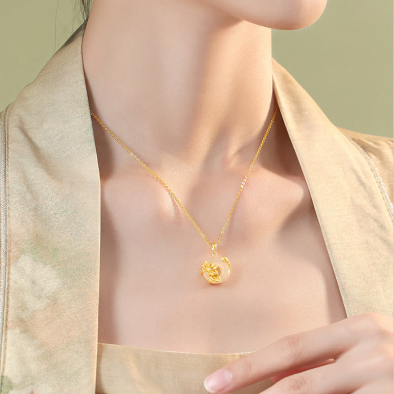 White Chalcedony Peace Buckle Lotus Necklace | Spiritual Harmony