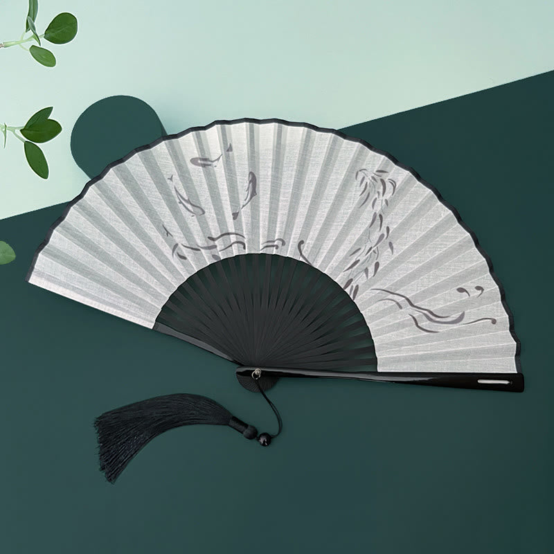 Chinese Folding Fan with Bamboo and Koi Fish Patterns