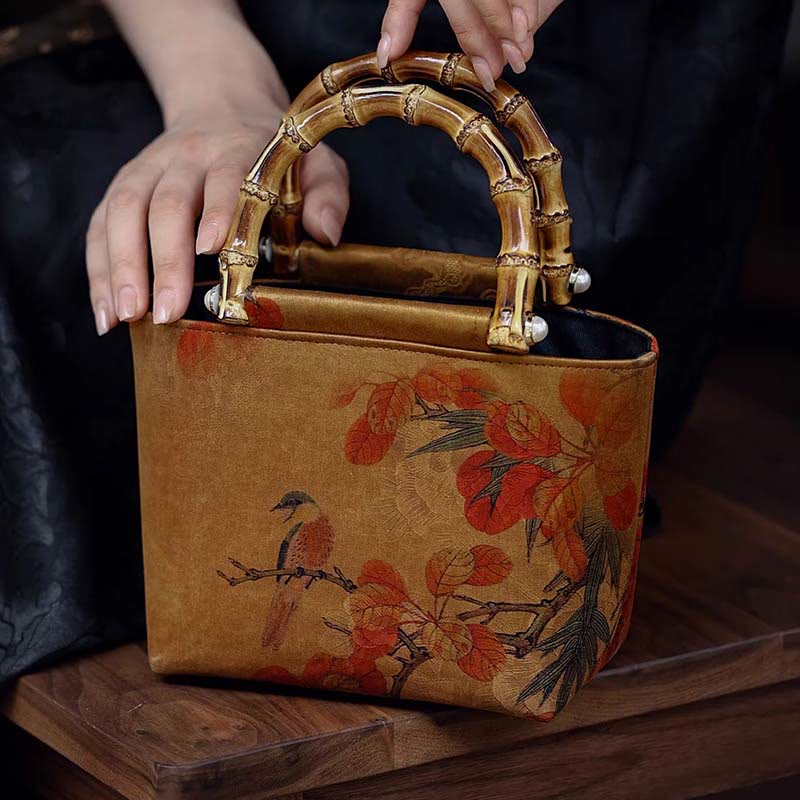 Yellow Bird Green Peony Bamboo Handle Handbag | Spiritual Accessory