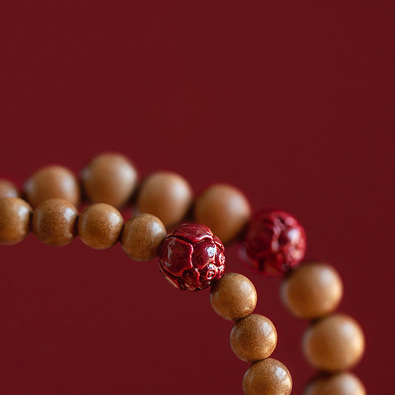 Peach Wood Cinnabar Lotus Bracelet for Luck & Wealth