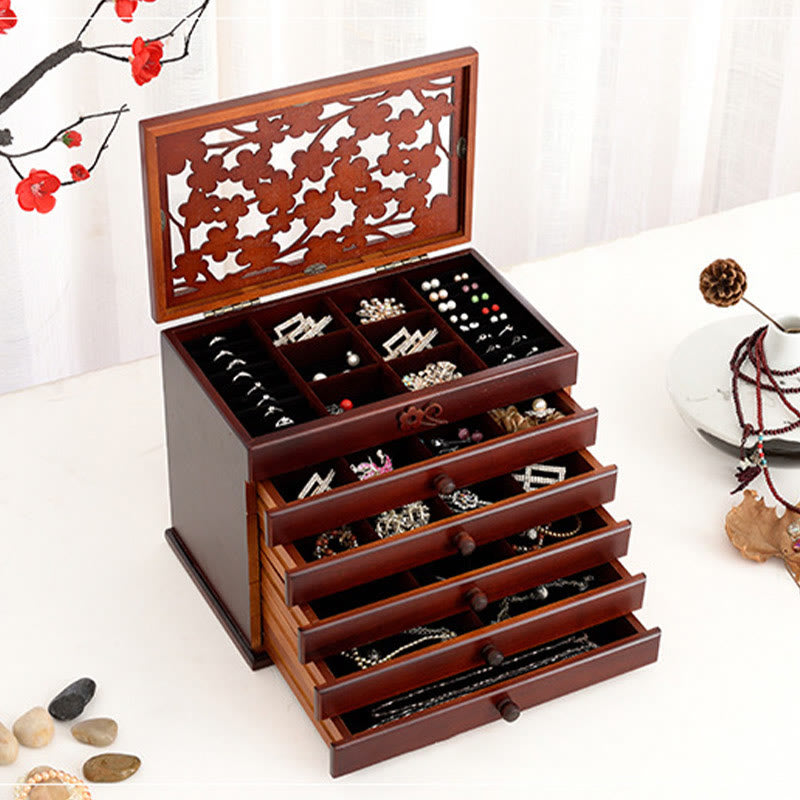 Six-Layer Wooden Jewelry Box with Vintage Plum Blossom Carvings