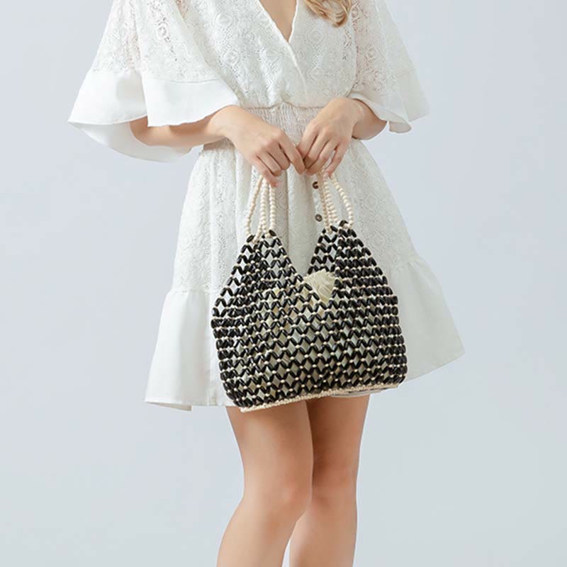 Wooden Beads Shoulder Bag | Eco-Friendly Yoga Tote 27cm