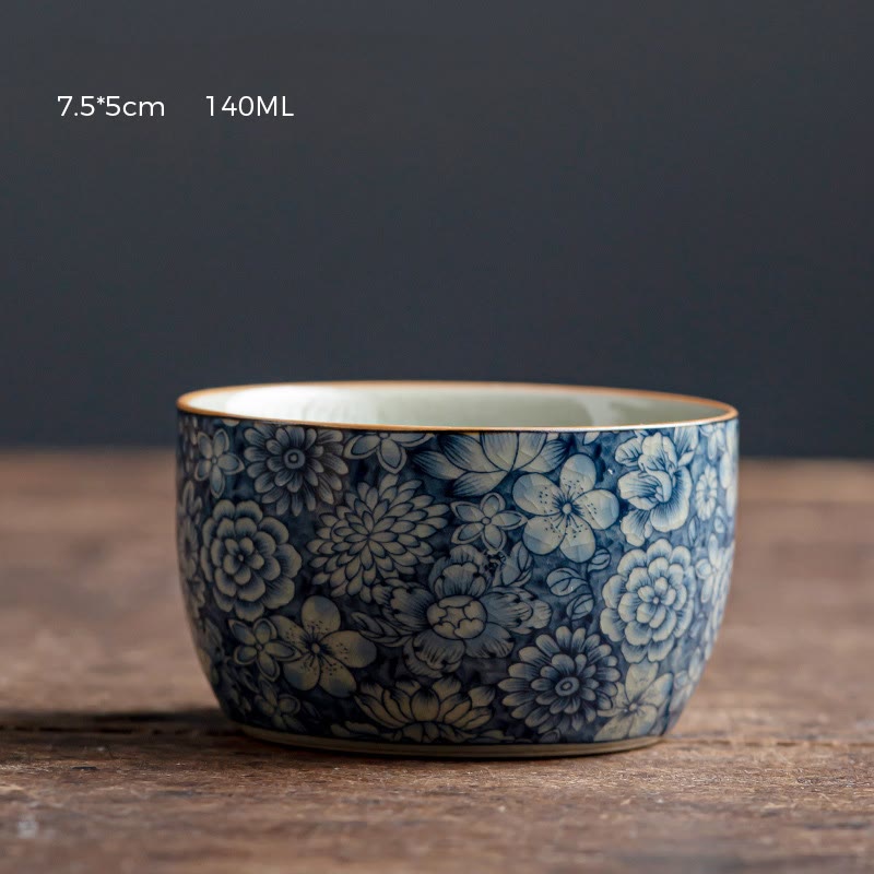 Ceramic Zen Tea Cup with Blue Lotus & Chrysanthemum Design 95ml